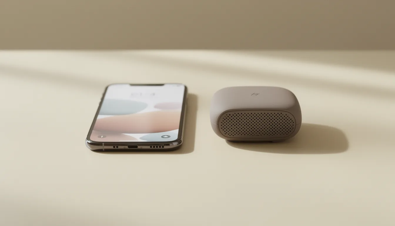 A smartphone showing a product page beside a small voice assistant device, representing the shift from a shopper browsing a store themselves to an AI agent buying on their behalf