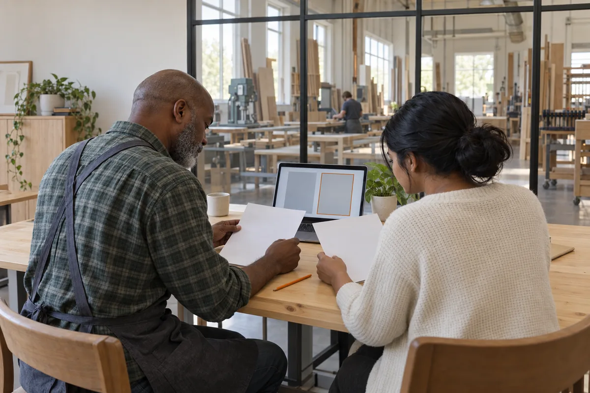 In a cabinet workshop office with a glass wall onto the shop floor, an older man in a work apron and a younger woman in a cream sweater compare two printed quotes beside a laptop showing two grey columns, one outlined in orange.