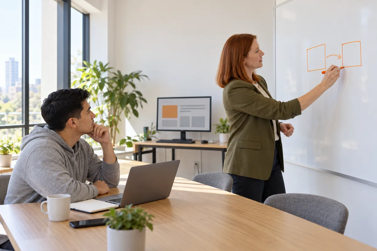 In a bright meeting room, a woman with shoulder-length red hair in an olive blazer draws two boxes joined by an arrow on a whiteboard with an orange marker while a young man in a grey hoodie watches from the table.