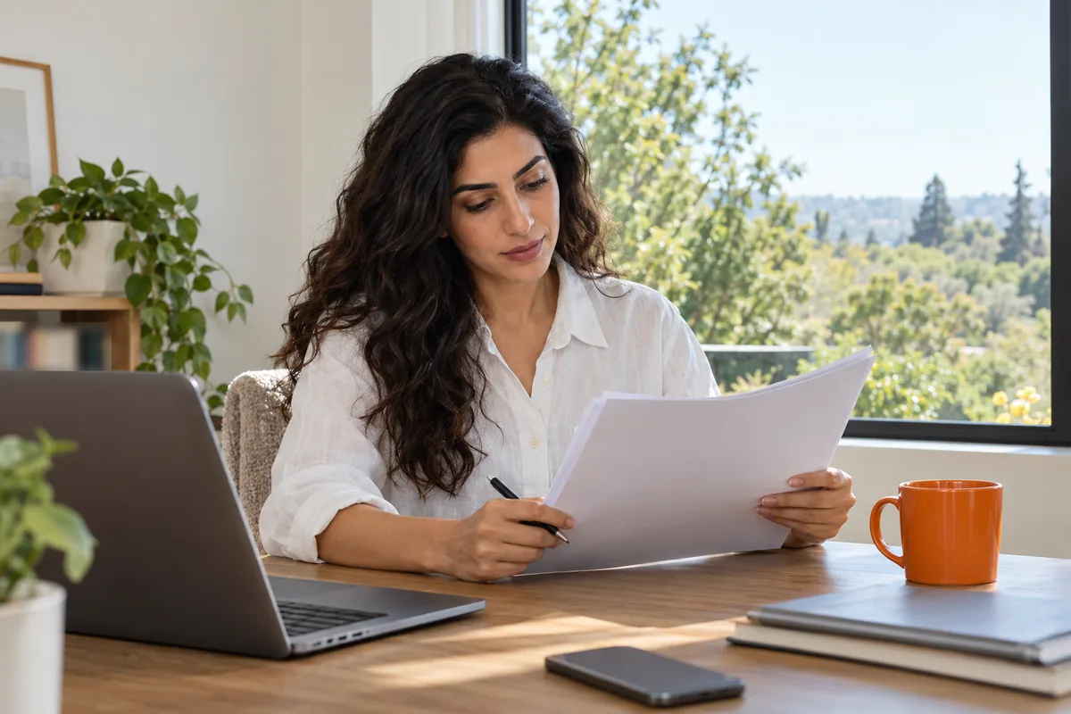 In a quiet home office with a window onto trees, a woman with long dark wavy hair in a white linen shirt reads a stapled contract with a pen in her hand, an orange mug beside her.