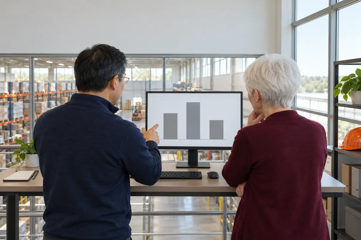 Seen from behind on a warehouse mezzanine, a man in rimless glasses and a navy pullover and a woman with a short white pixie cut in a burgundy cardigan study a monitor showing three grey bars of different heights.