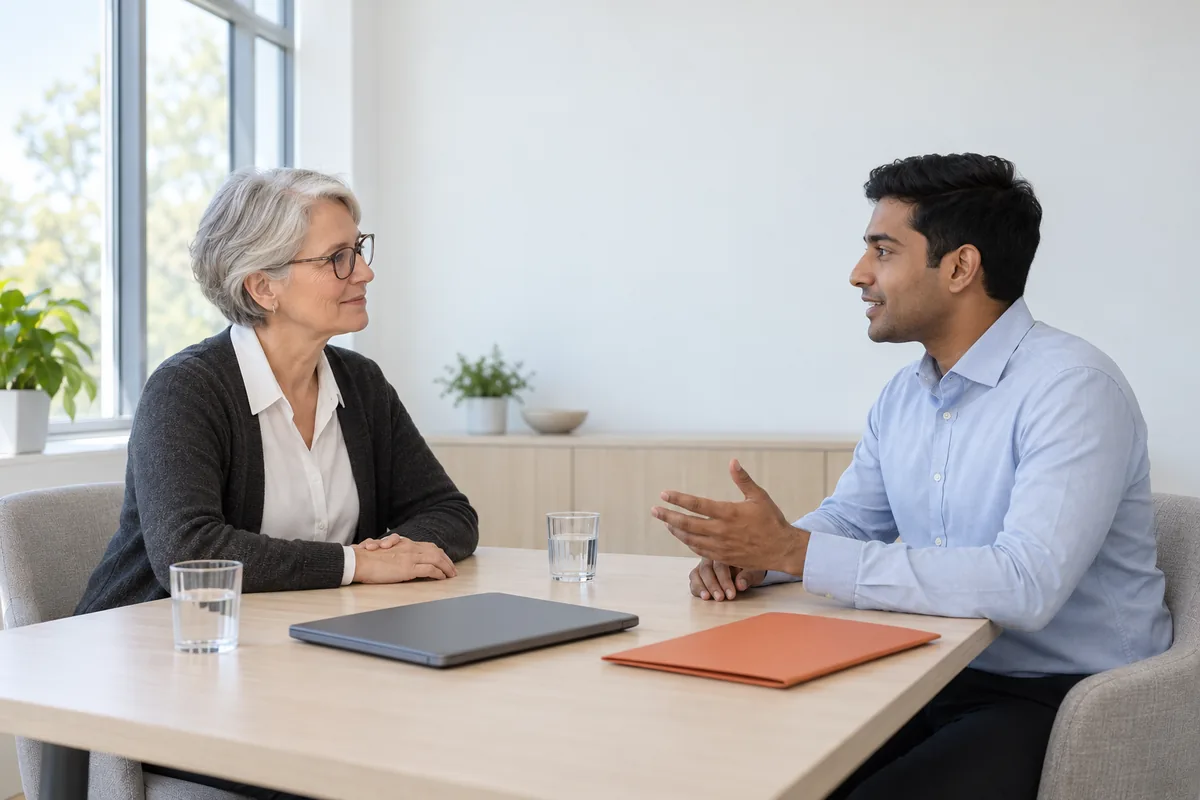 A silver-haired woman in glasses and a young man in a light blue shirt talk across a meeting table with a closed laptop and an orange folder between them.
