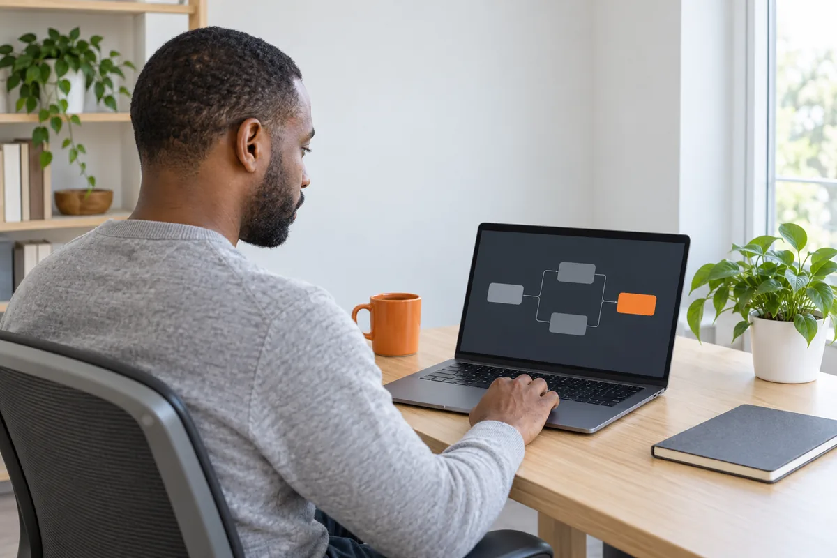 A bearded man in a grey sweater works alone at a desk, seen over his shoulder, with a simple box diagram on his laptop and an orange mug beside it.