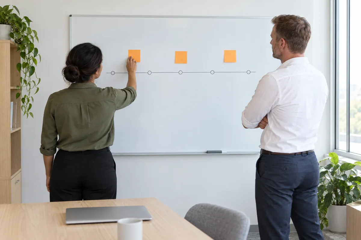 A woman in an olive shirt presses an orange sticky note onto a whiteboard timeline of five circles while a man in a white shirt watches with folded arms.