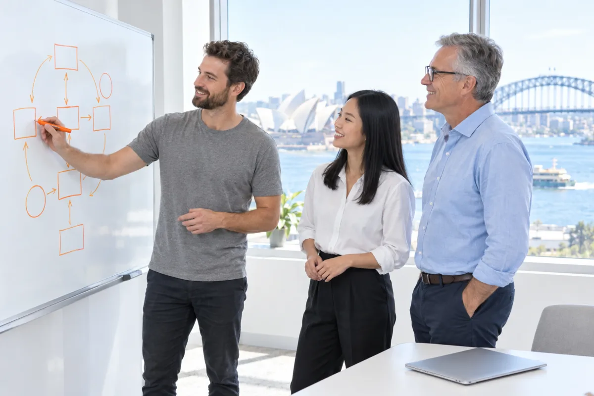 Three colleagues in a bright Sydney office at a whiteboard, one drawing an AI agent workflow of boxes and arrows in orange marker while the others watch