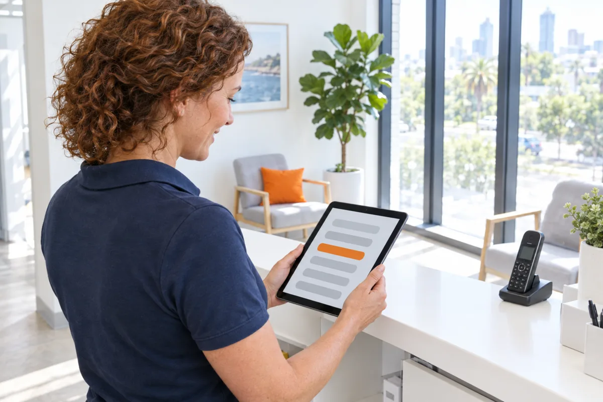 A Melbourne physiotherapy clinic owner at her front desk checking a tablet of booked appointments, with a cordless phone on the counter