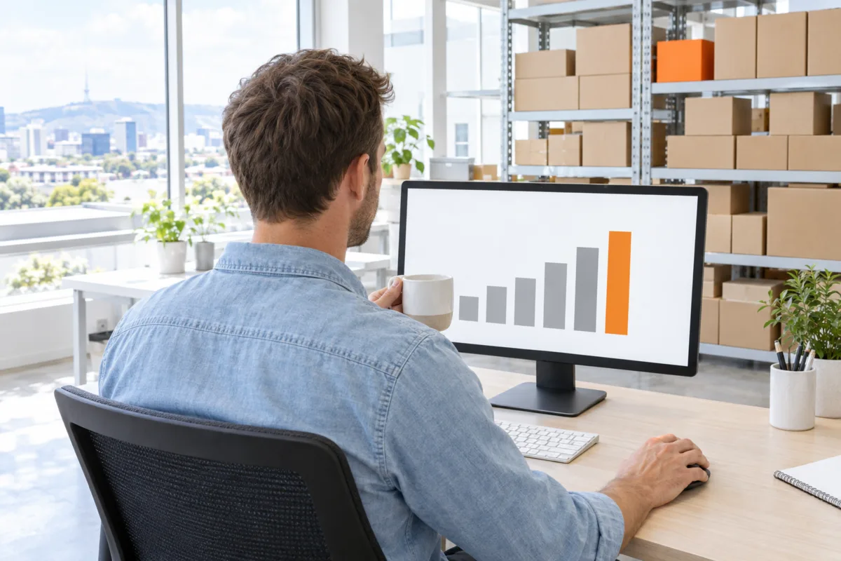 An Adelaide online store owner at his desk, seen from behind, looking at a simple bar chart on his monitor with shelves of boxes behind him