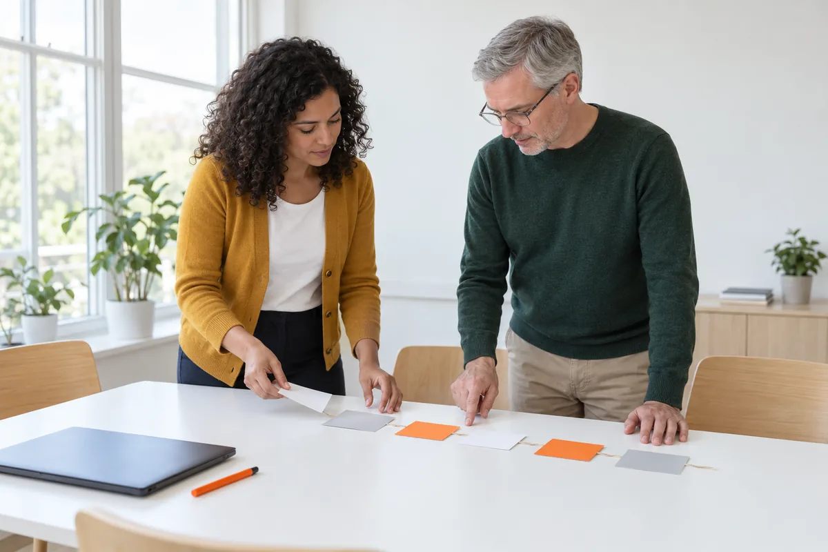 A woman in a mustard cardigan lays blank white, grey and orange cards in a row on a white table while a man in a green jumper points at one card