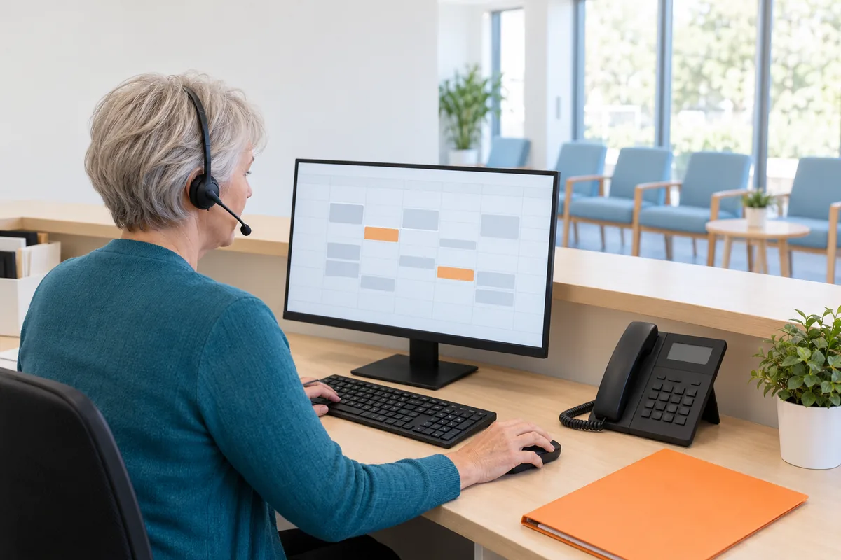 A receptionist with short silver hair and a telephone headset sits at a surgery front desk looking at a calendar of grey and orange blocks on her monitor, with a desk phone, an orange folder and empty waiting room chairs beyond