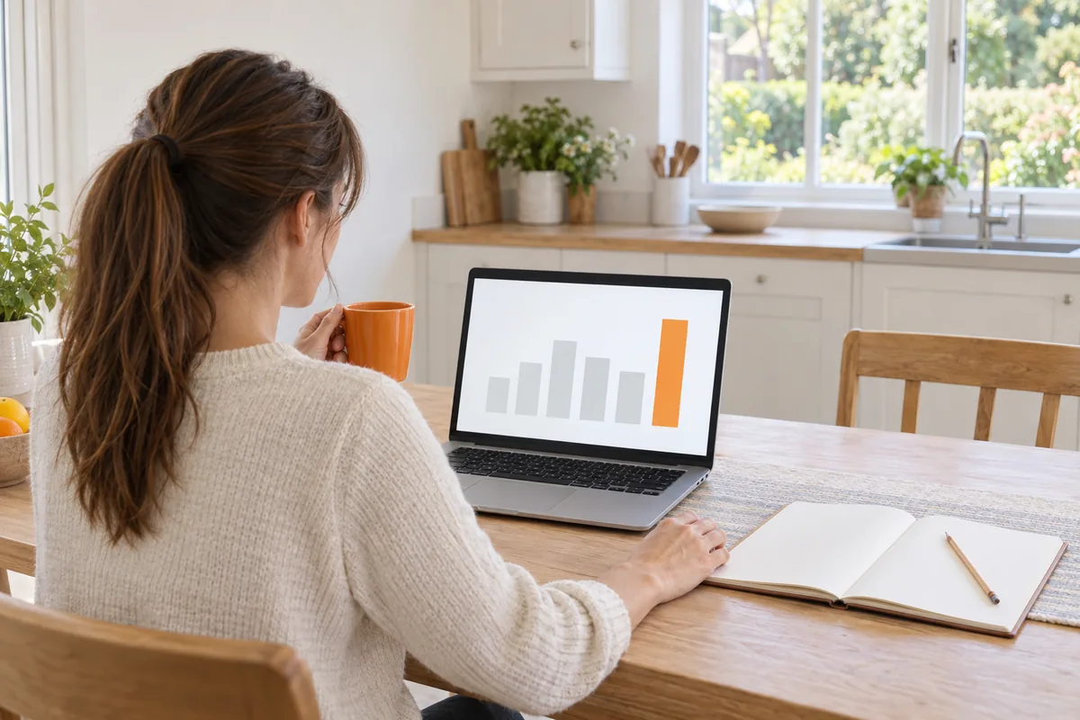 A woman with a ponytail sits at a kitchen table holding an orange mug and looks at a laptop showing a bar chart of grey bars and one orange bar, with an open blank notebook beside her