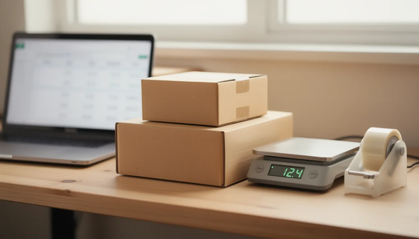 A tidy desk with a laptop showing a fee breakdown spreadsheet, a calculator, a roll of packing tape and a small shipping box, no people in frame