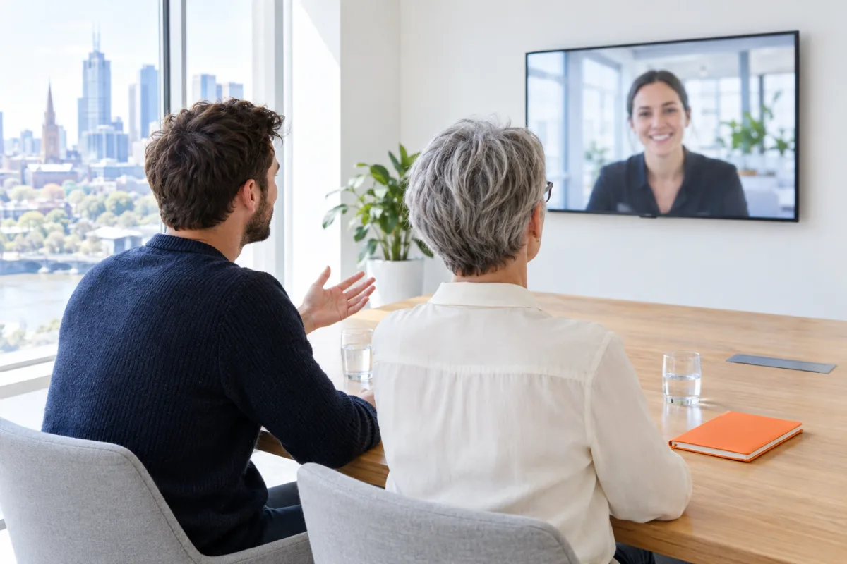 Two colleagues in a bright Melbourne meeting room on a video call with an AI agency, seen from behind as they face the wall screen