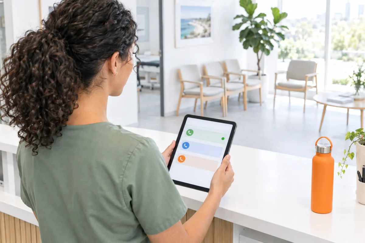 Over the shoulder of a receptionist at an Adelaide physiotherapy clinic checking a tablet list of calls handled by an AI receptionist