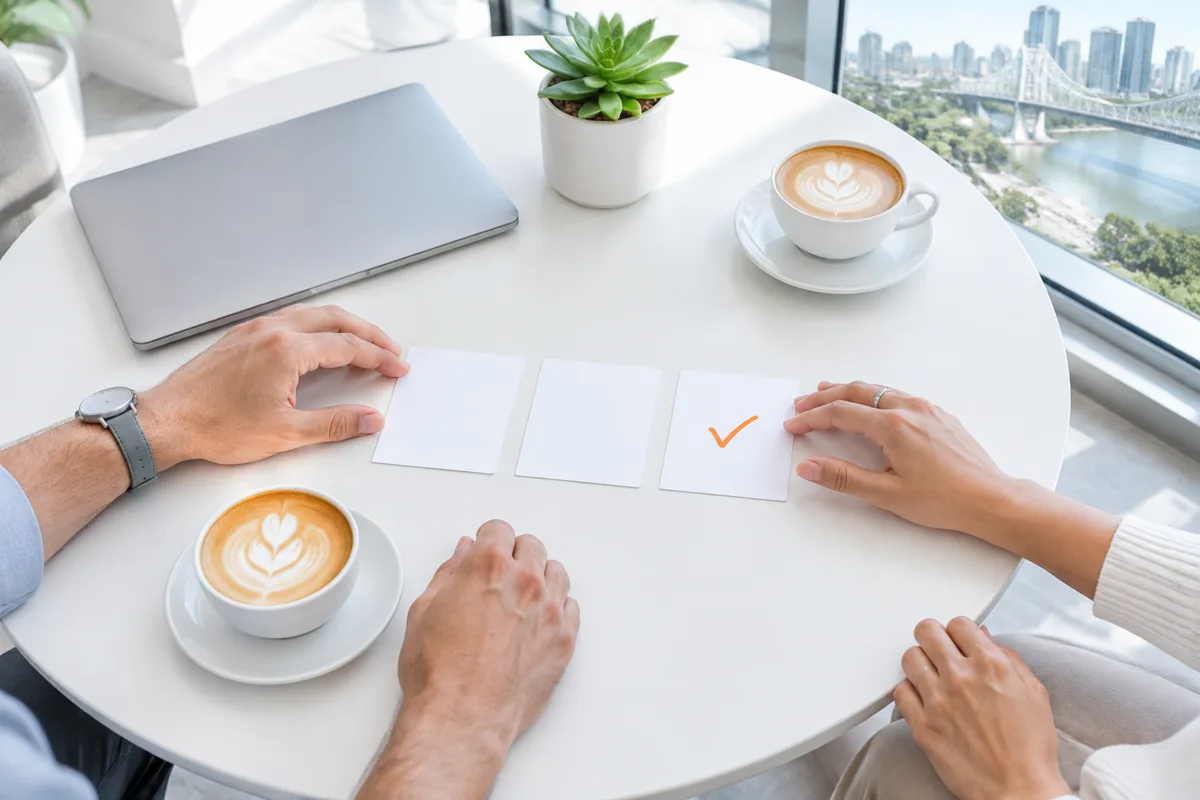 Two people at a round café table in Brisbane narrowing three blank cards to one, marked with an orange tick