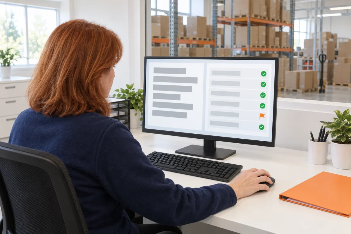 A woman with red hair at a desk looks at a monitor showing a document beside a list of six rows, five with green ticks and one with an orange flag, with warehouse shelving behind