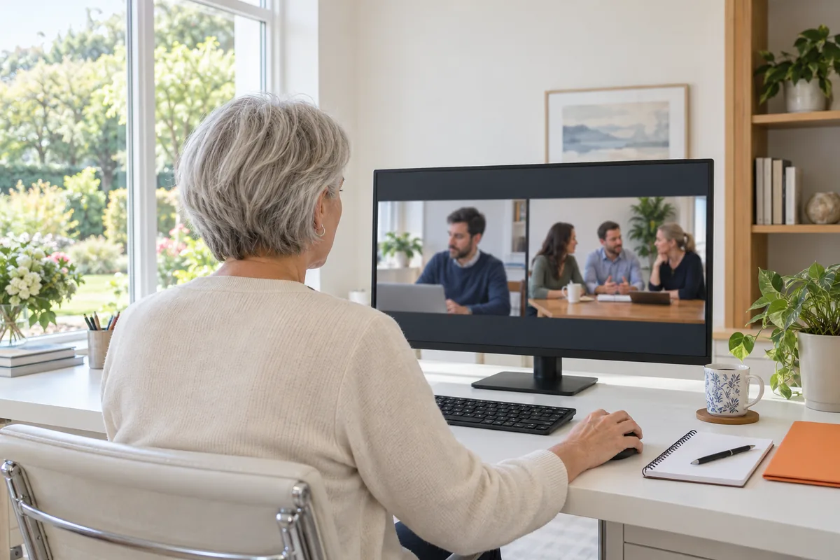 A woman seen from behind at a home office desk on a video call, with one person in the left half of the screen and three people at a table in the right half
