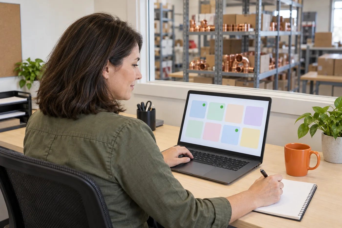 Over-the-shoulder view of a woman at a desk in the back office of a plumbing supply business, looking at a laptop that shows eight coloured cards, three of them marked with a green dot