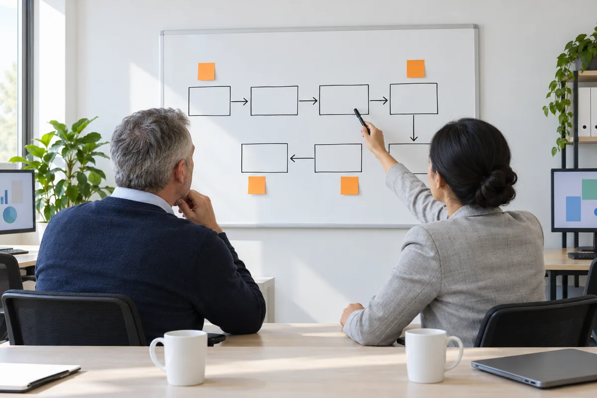 Two people seen from behind in a bright office looking at a whiteboard with empty boxes joined by arrows and four blank orange sticky notes