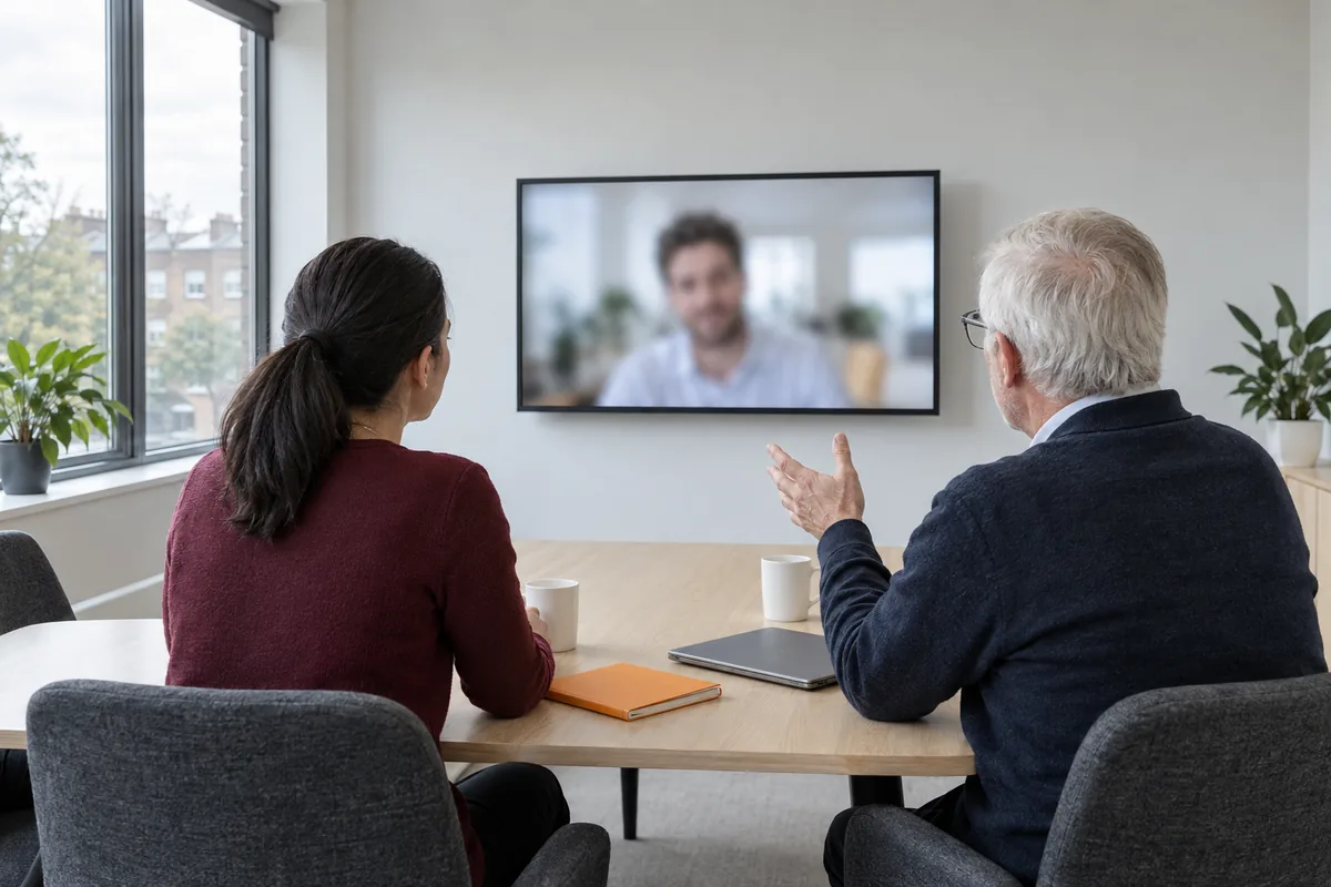 Two colleagues seen from behind at a meeting table, on a video call with a man shown on a wall screen, with an orange notebook, two white mugs and a closed laptop on the table