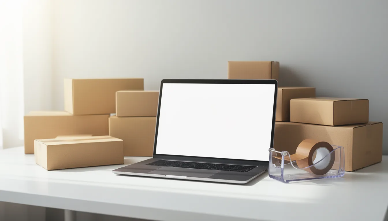 An ecommerce studio desk with a laptop surrounded by unbranded product packaging, representing AI tools used in the day to day running of a real online store