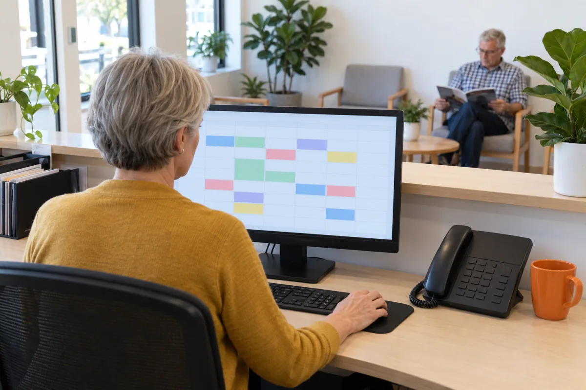 Seen from behind, a receptionist in a mustard cardigan at a bright Melbourne physiotherapy clinic checks a colour-blocked appointment calendar on her monitor while the desk phone sits idle