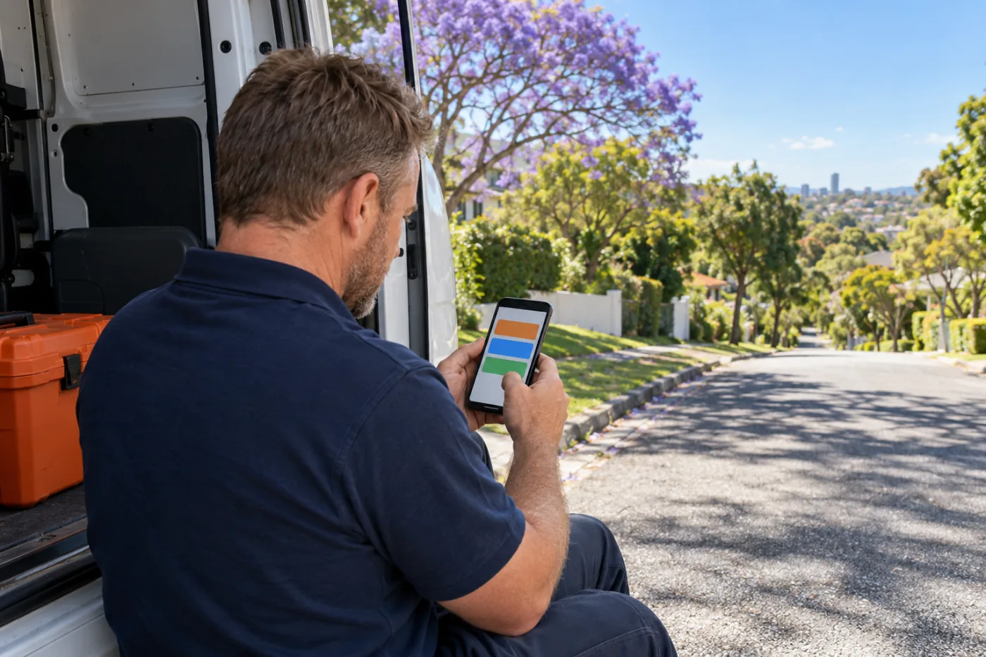 Over the shoulder of a Brisbane tradesman in a navy polo sitting in the open side door of his white van, checking a simple list on his phone under a jacaranda tree