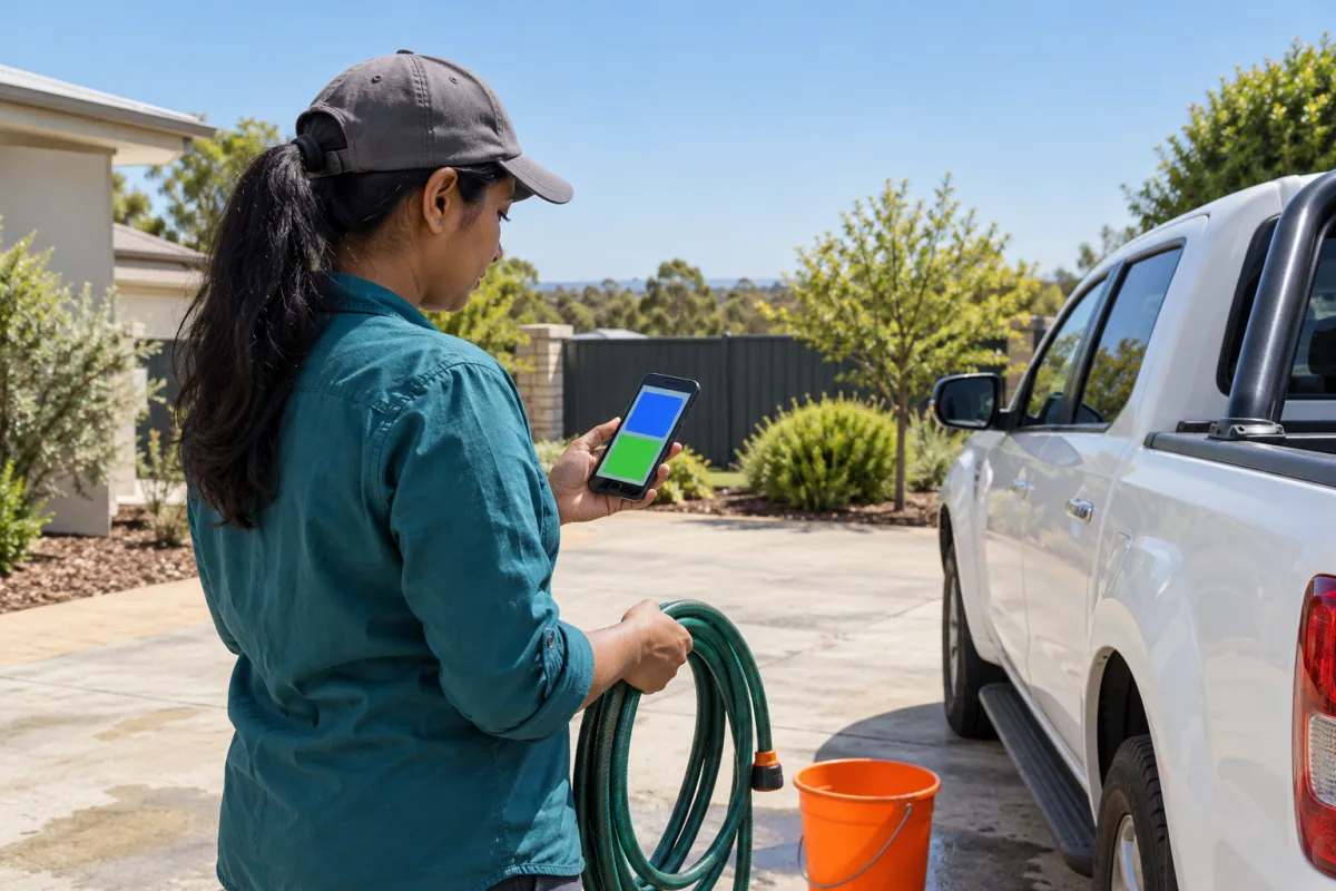 An Adelaide tradeswoman in a teal work shirt and grey cap holding a coiled garden hose beside her white ute while she reads a simple message on her phone