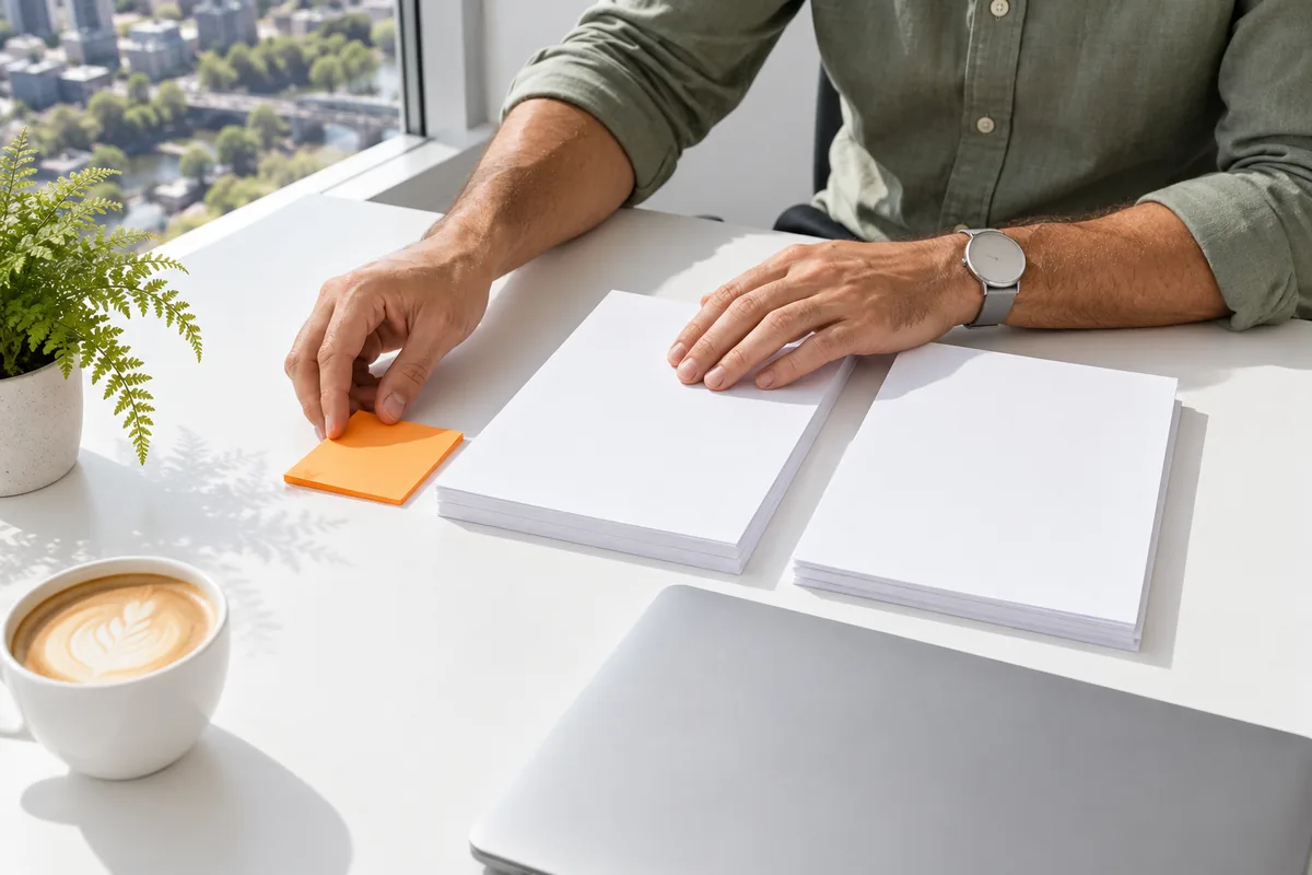 A man in a sage-green shirt laying out two blank stacks of paper side by side on a white Melbourne desk, placing an orange sticky note beside one, with a closed laptop, a fern and a flat white