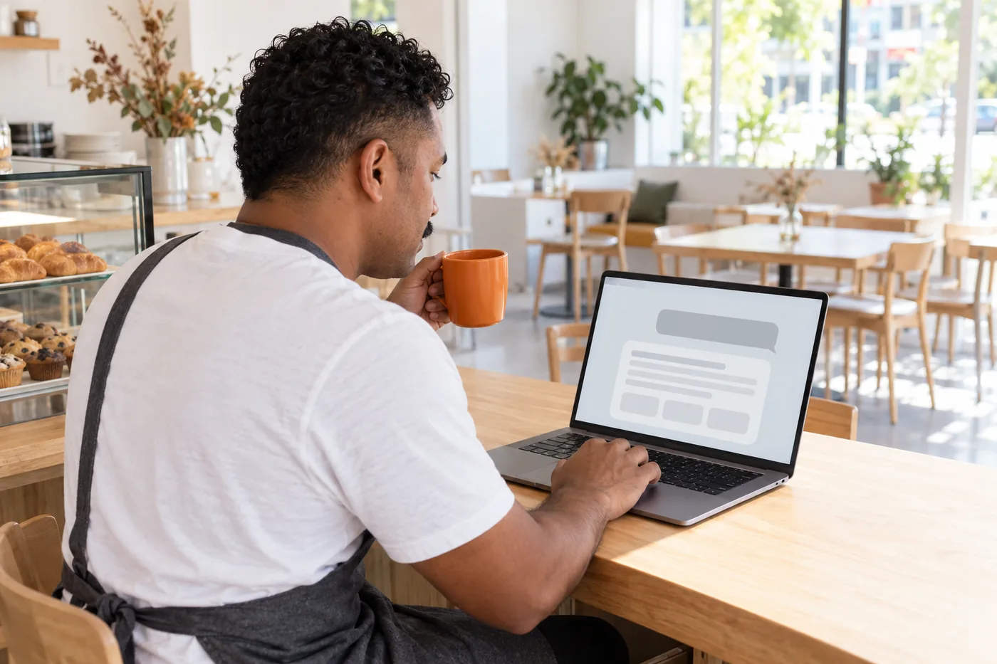 Over the shoulder of a Brisbane cafe owner in a charcoal apron reading an AI chat answer on his laptop at the counter after closing, holding an orange mug