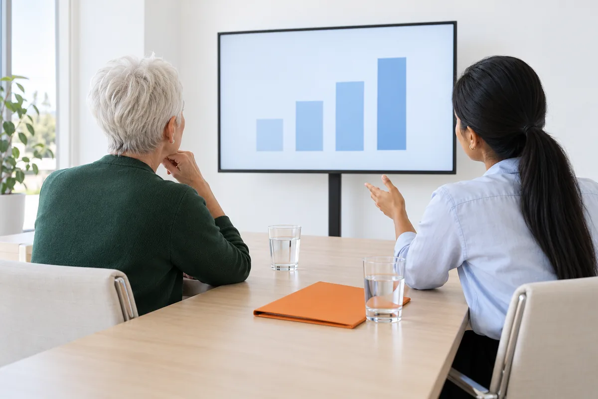 Two colleagues seen from behind in a bright Perth meeting room, a white-haired woman in a green cardigan and a younger woman in a pale blue shirt, reviewing a simple bar chart on a wall screen