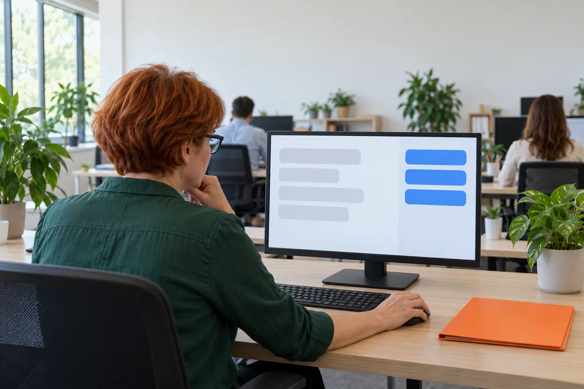 Seen from behind her shoulder, a woman with short copper-red hair and glasses in a green shirt reads a monitor showing a column of grey chat bubbles beside three blue rows, with an orange folder on the desk