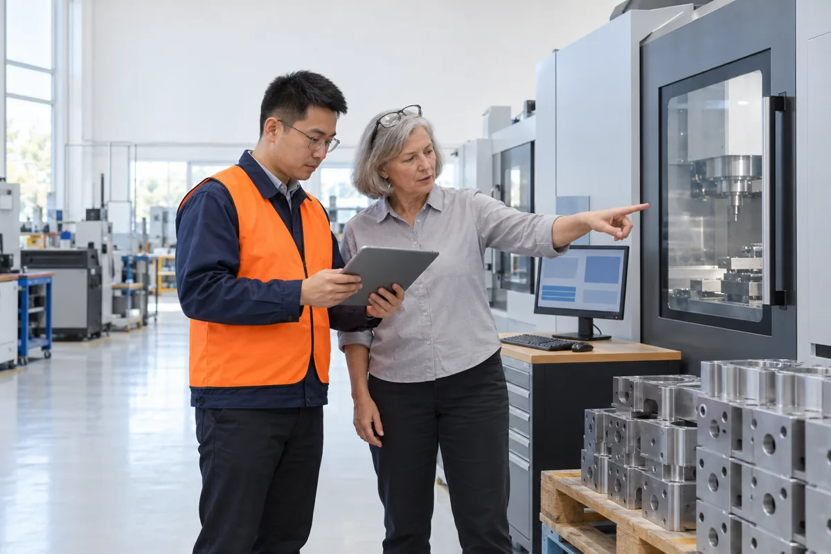 On a bright factory floor, a man in glasses and an orange high-visibility vest looks at a tablet while a woman with a grey bob and safety glasses on her head points towards a large grey machine