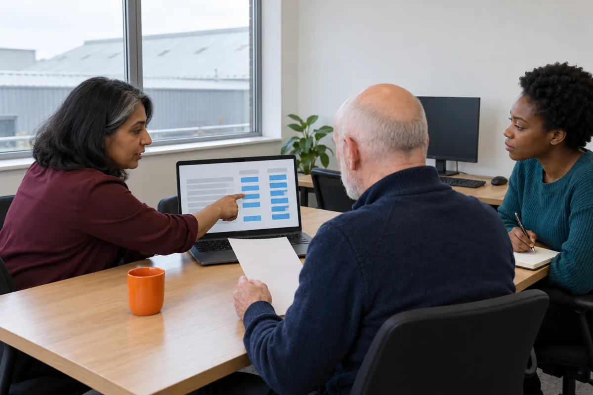 Three colleagues at an oak meeting table review a laptop showing a grid of grey rows and blue blocks, a woman in a burgundy blouse pointing at the screen while a bearded older man holds a sheet and a younger woman in a teal jumper takes notes