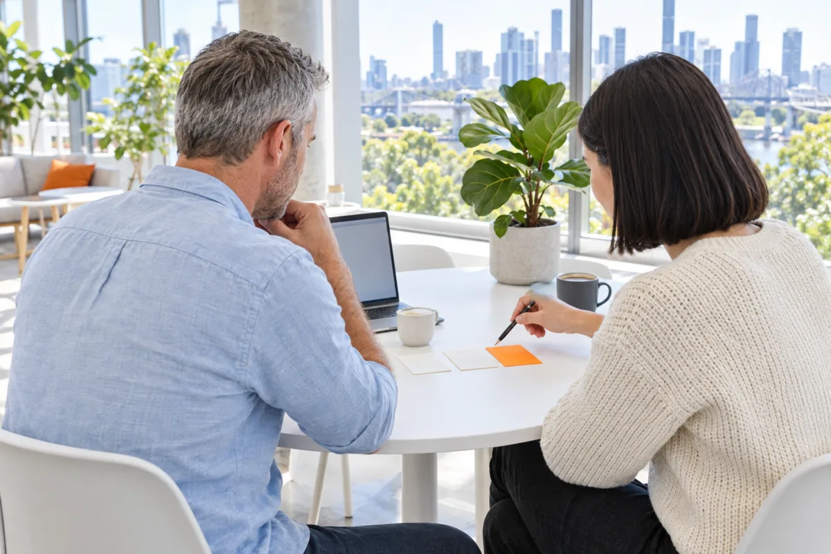 An ecommerce consultant and an outdoor gear shop owner in a Brisbane co-working space comparing three option cards on a table, one card orange