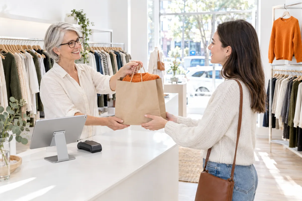 The owner of an Adelaide clothing boutique handing a paper shopping bag with an orange knit to a smiling customer across a white counter
