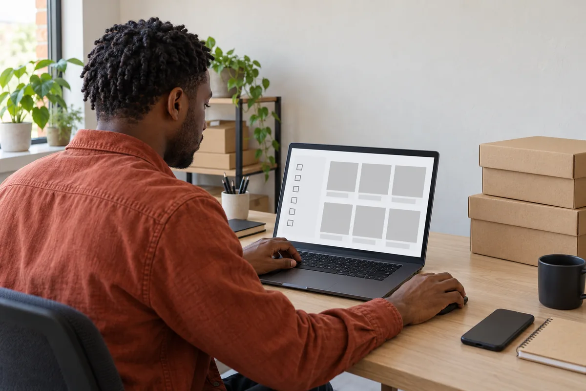 Seen over his shoulder, a man with short twists in a rust overshirt works on a laptop showing a column of filter checkboxes beside a grid of product tiles, with two plain shoe boxes on the desk