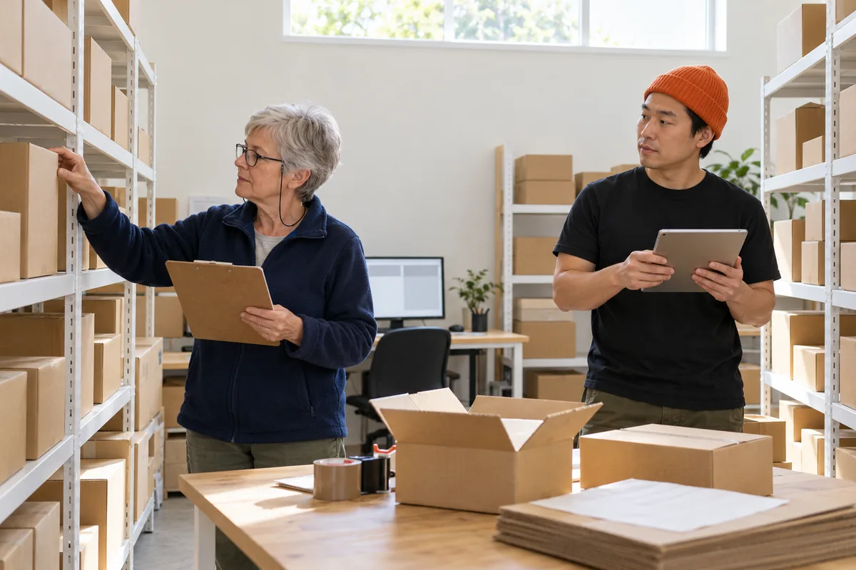 An older woman with short grey hair and glasses on a cord checks boxes on white shelving with a clipboard, while a man in a black t-shirt and orange beanie holds a tablet beside her in a bright stockroom