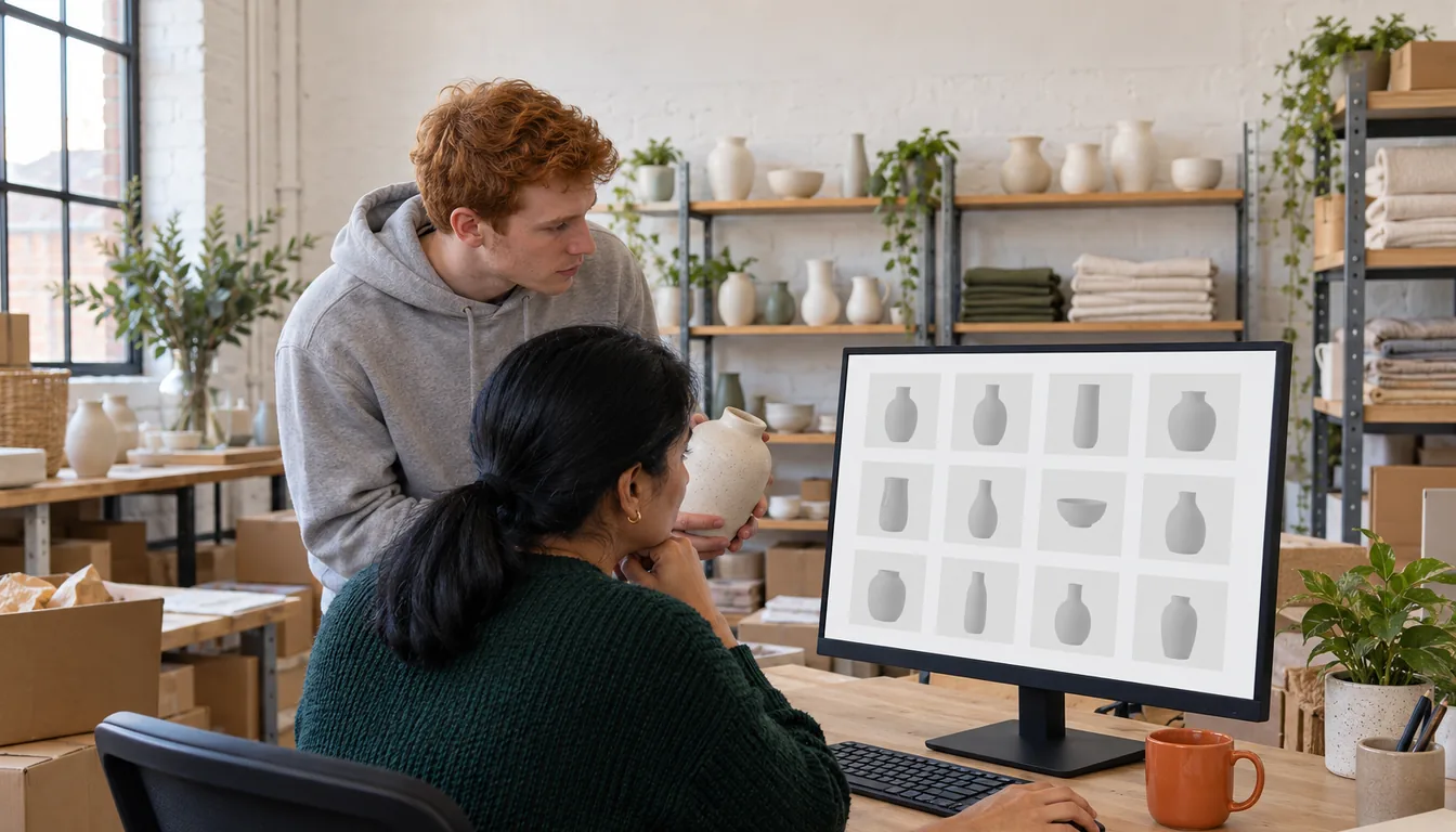 A woman in a dark green jumper sits at a monitor showing a grid of vase photos while a red-haired man in a grey hoodie holds a cream vase beside her, with shelves of vases and folded linen behind them