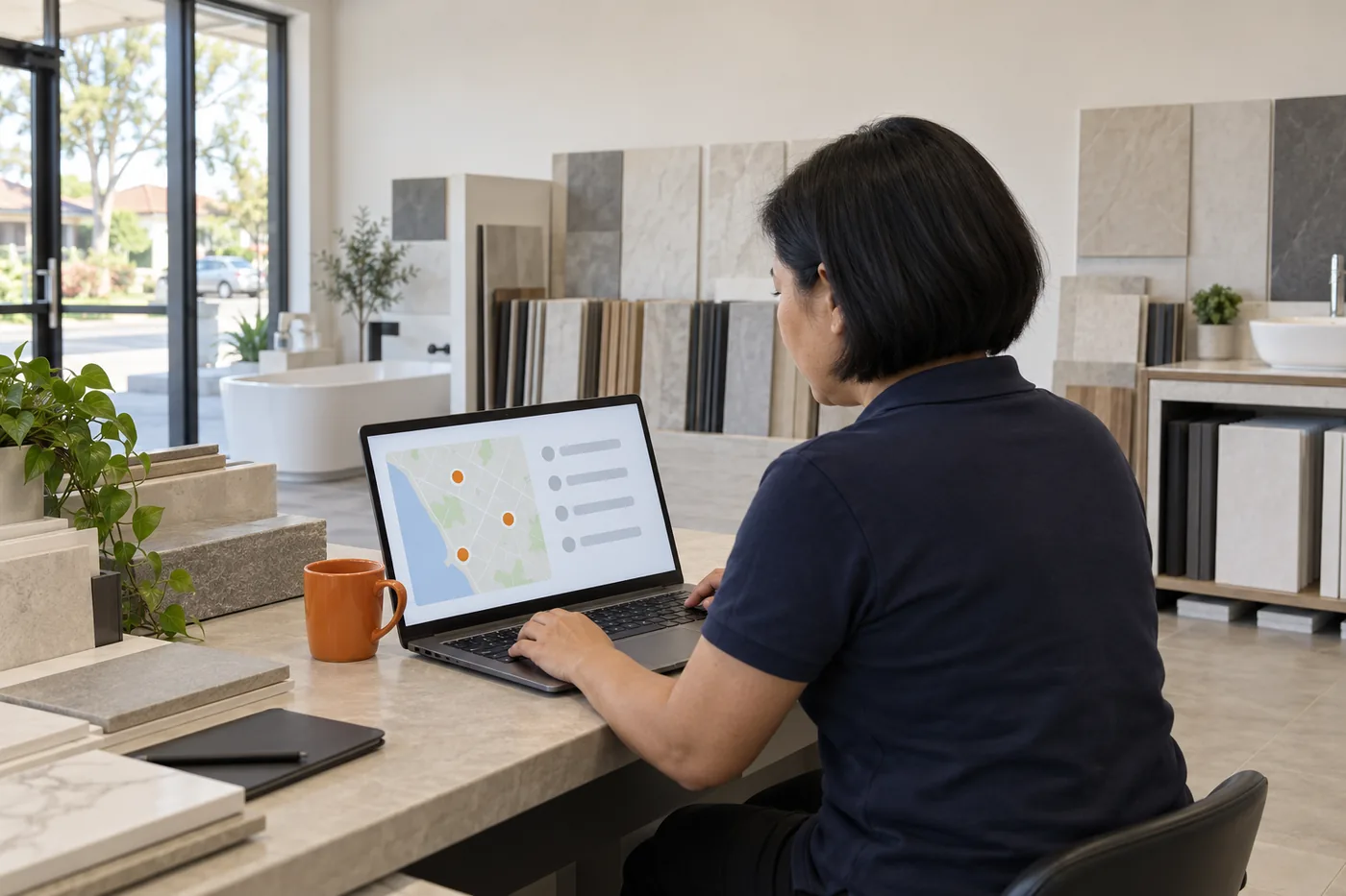 Over the shoulder of a tile showroom owner with a short black bob in a navy polo, looking at a simple map with three orange pins on her laptop at the sales counter