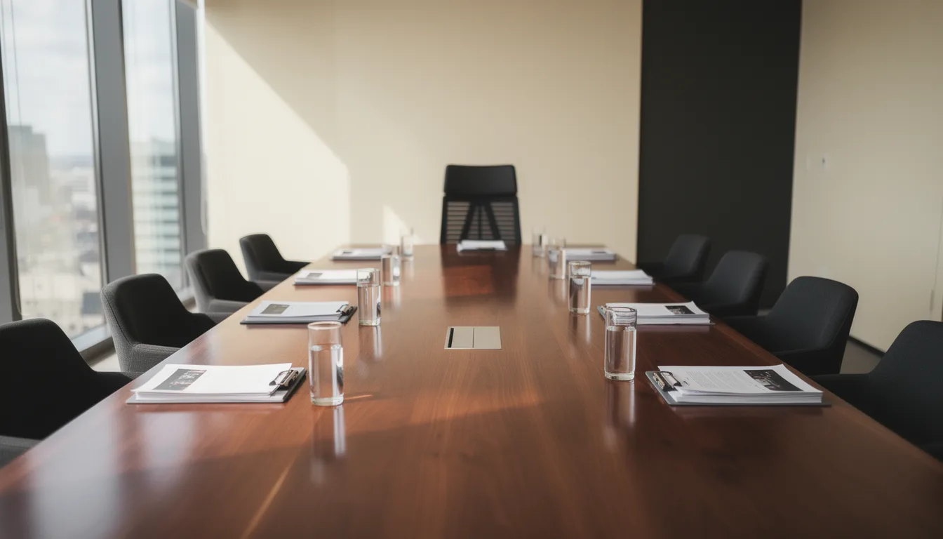 A meeting room set up for an agency review with an empty chair at the head of the table, representing the process of shortlisting an SEO agency in the USA