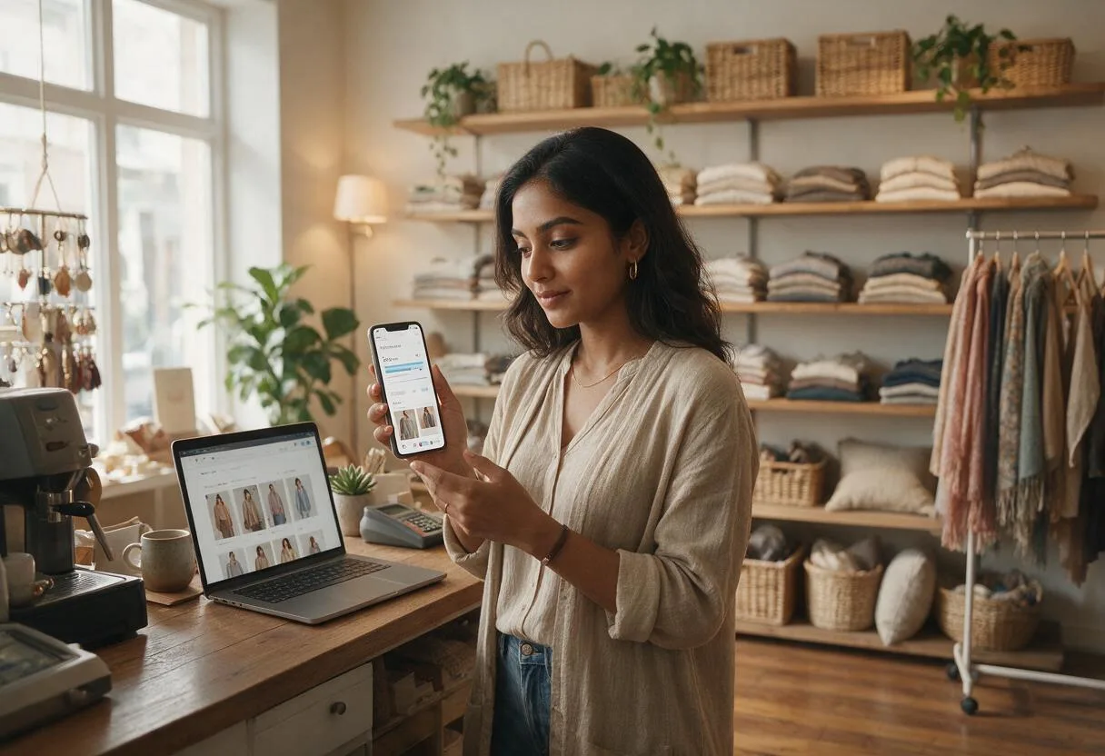 A small business owner in her boutique in India checking marketing results on her phone, with a laptop showing her online store