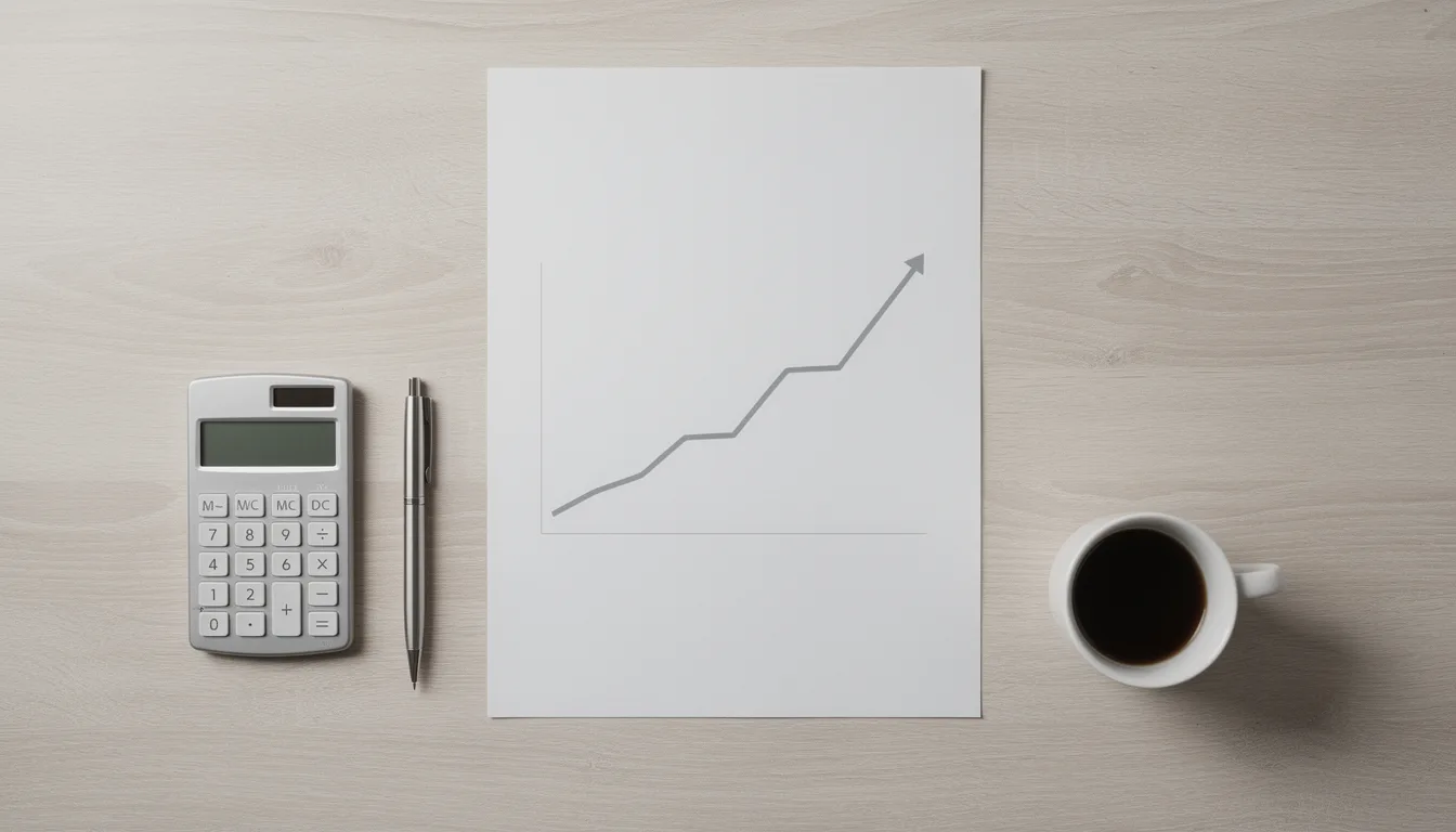 An overhead view of a desk with a rising line chart printed on paper, a pocket calculator and a pen, representing the arithmetic behind a Google Ads budget