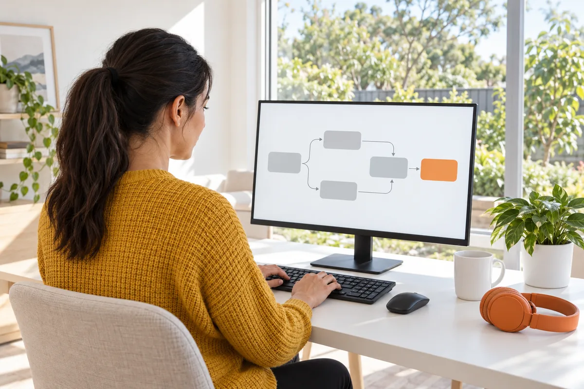 A woman in a mustard jumper works alone at a white desk in a home office, typing at a monitor that shows grey boxes joined by arrows with one orange box