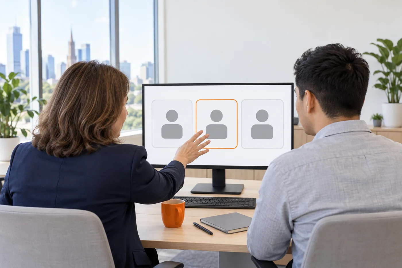 Two people seen from behind at a desk in a bright office look at a monitor showing three grey person icons, the middle one outlined in orange, as one of them points at it