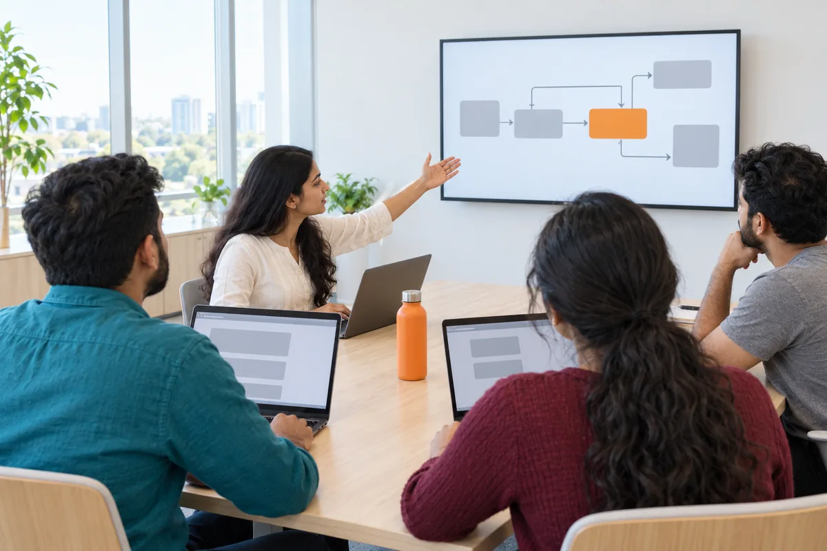 Four developers sit around a table with open laptops in a bright office while one of them points at a wall screen showing grey boxes joined by arrows with one orange box