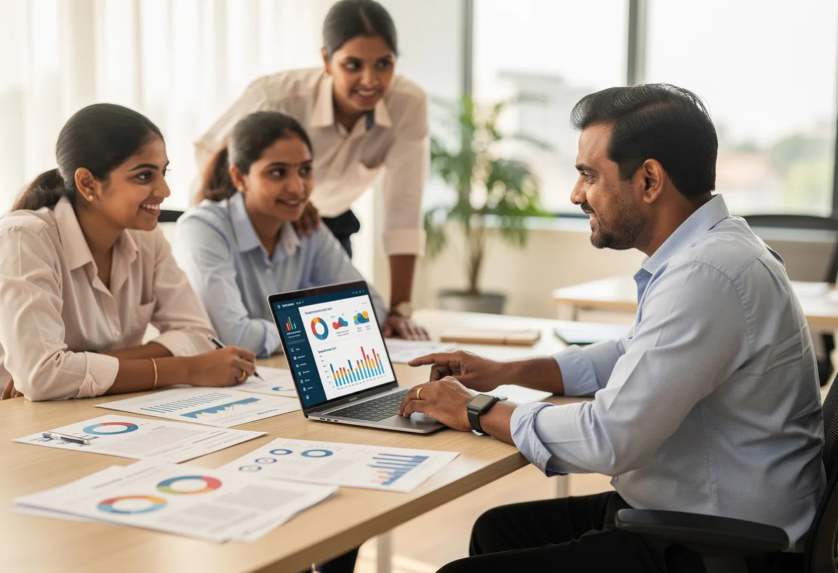 A business owner reviewing marketing analytics and reports with a digital marketing team in a bright Indian office