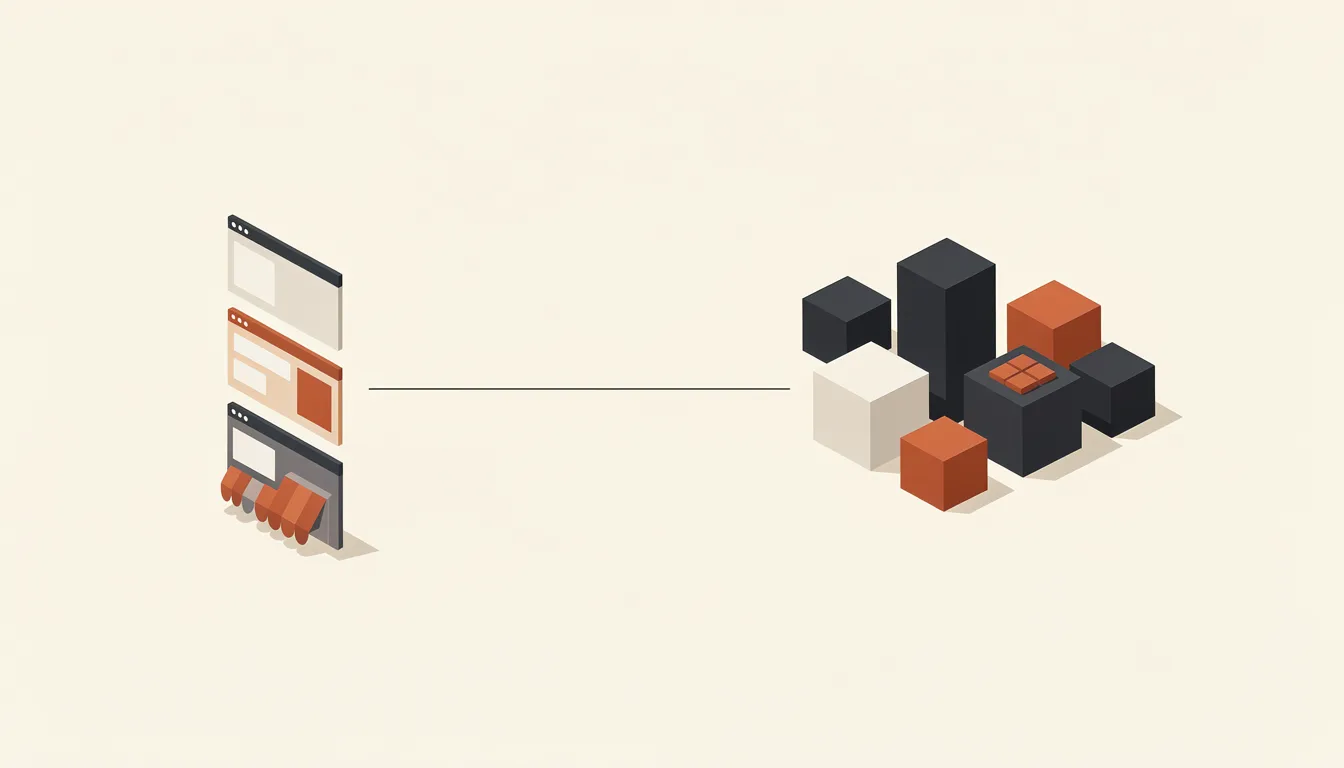 An abstract technical illustration of a storefront interface connected by a single line to a cluster of backend server blocks, representing headless commerce architecture
