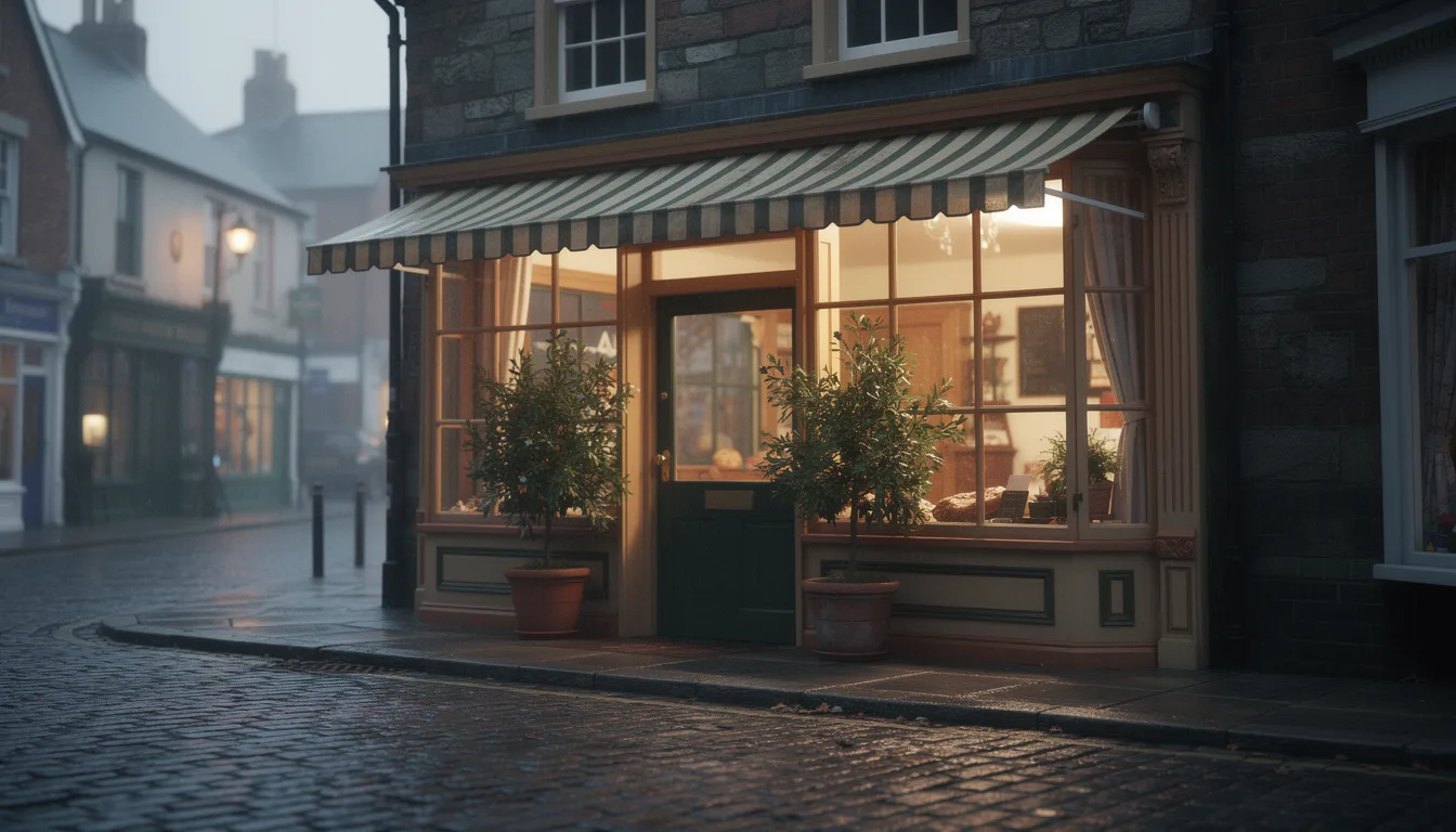 A UK high street shopfront lit up on a quiet early morning, representing a local small business competing for visibility in the Google Map Pack
