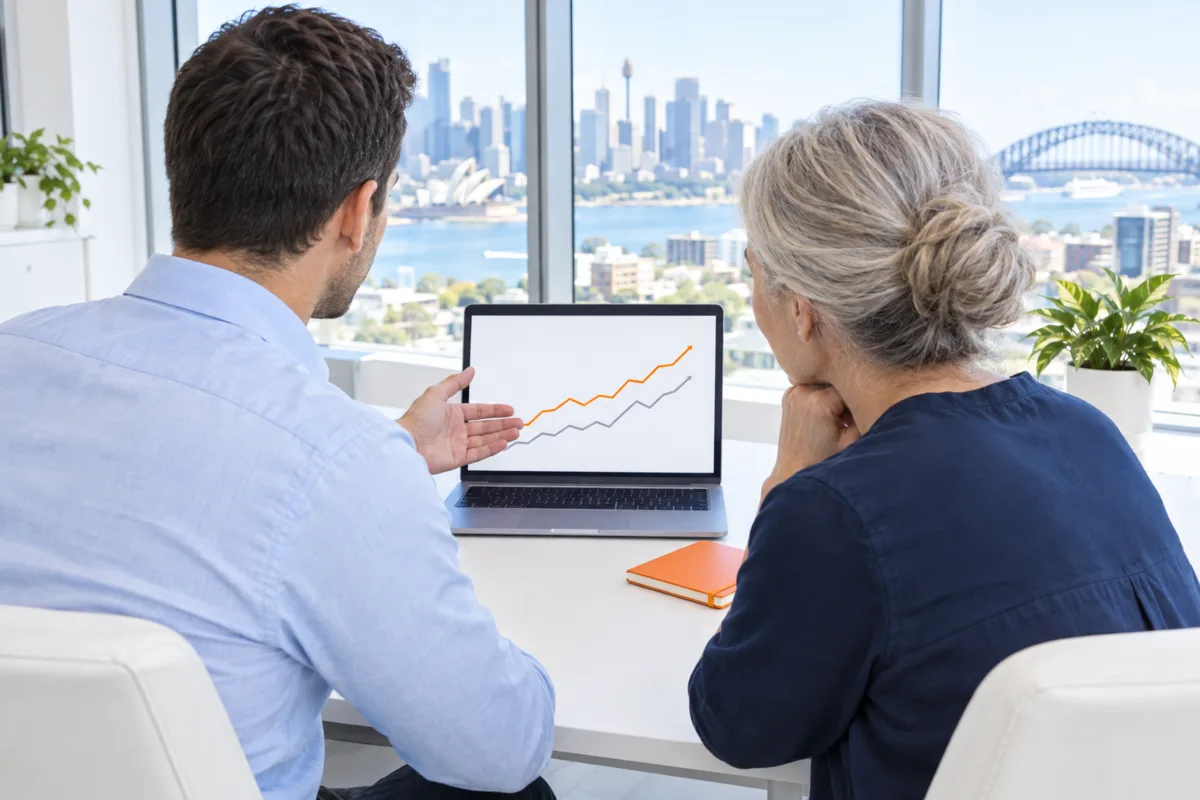 Over-the-shoulder view of an SEO specialist and a clinic owner in a Sydney office looking at a rising line chart on a laptop