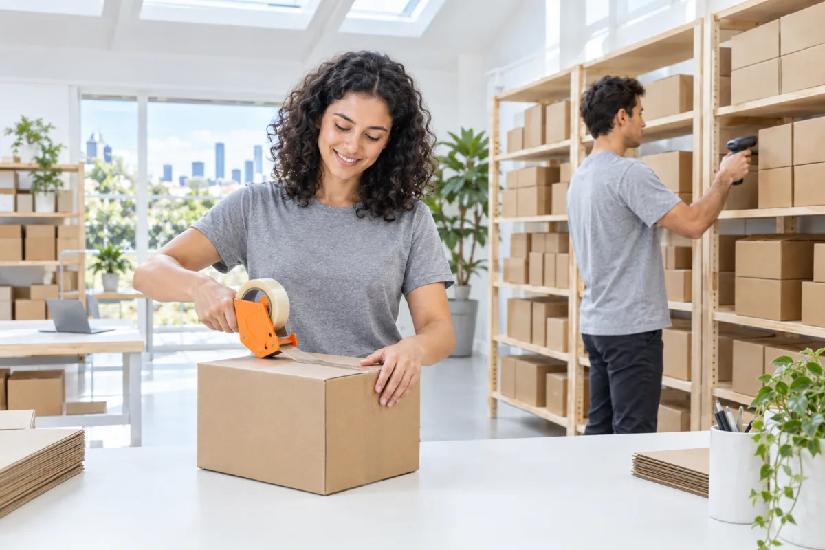 Two staff packing and scanning plain parcels in a bright Brisbane online store warehouse
